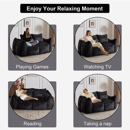 wisenook 75.2" Giant Bean Bag Chair for Adults, Ultra Soft Fluffy Loveseat Bean Bag Sofa, Oversized Floor Sofa for Living Room Bedroom, Cozy Reading Chair with 2 Pillows and Filler, Black