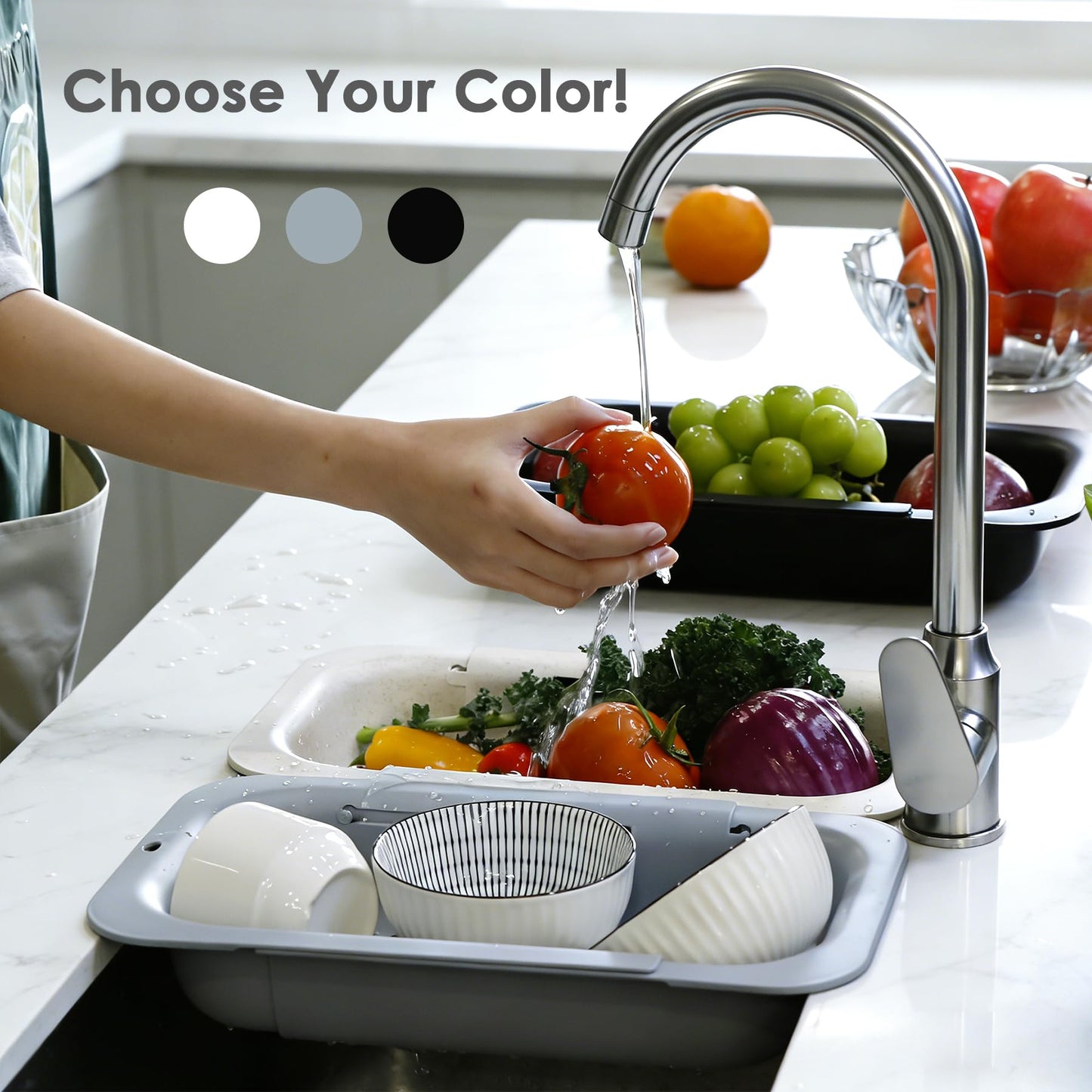 Extendable Colander Strainer Basket, Over the Sink Colander and Strainer for Kitchen, Wash Vegetables and Fruits, Drain Pasta and Dry Dishes, Adjustable Colander from 13.5In to 18.7In, Gray