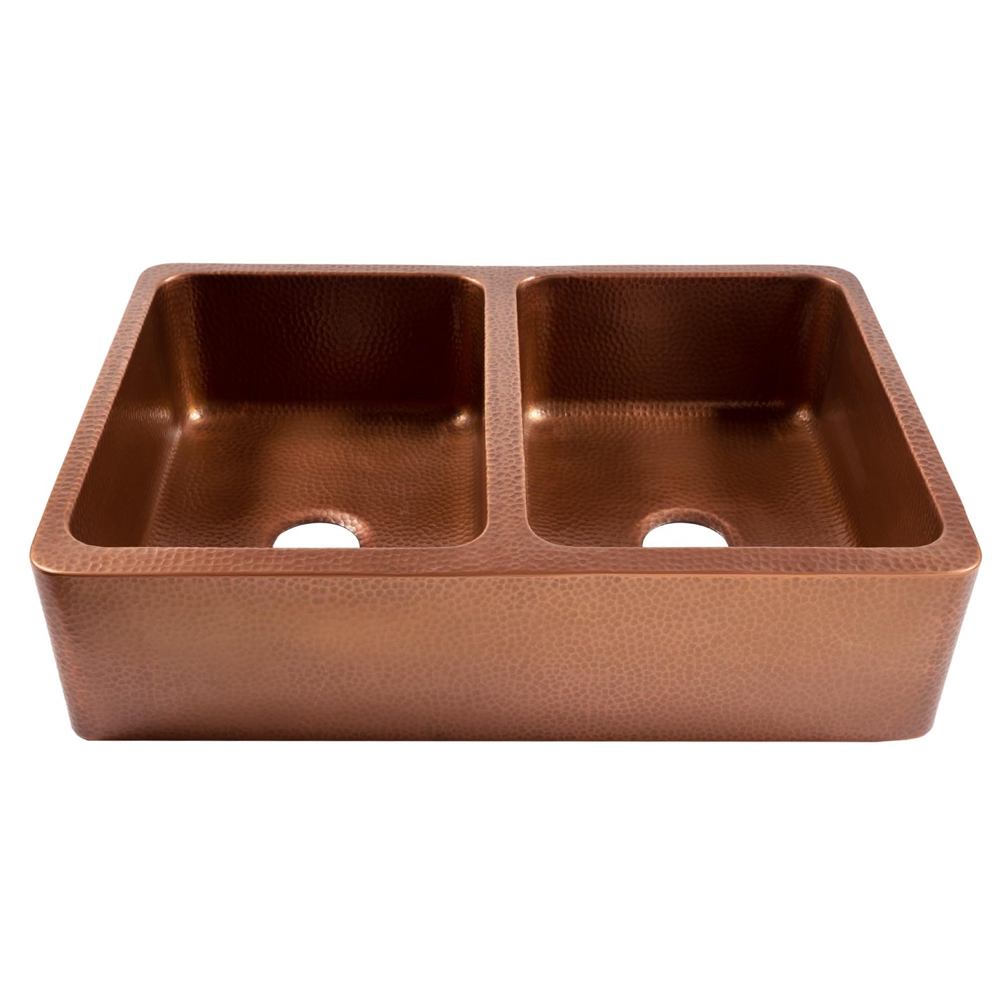 Sinkology Lange 32 Inch Farmhouse Sink - Handcrafted Solid Copper Apron Front Double Bowl Farm Sink for Kitchen, Antique Copper Finish, Fits 36 Inch Cabinet, Complete Kit, Sinkology Everyday Warranty