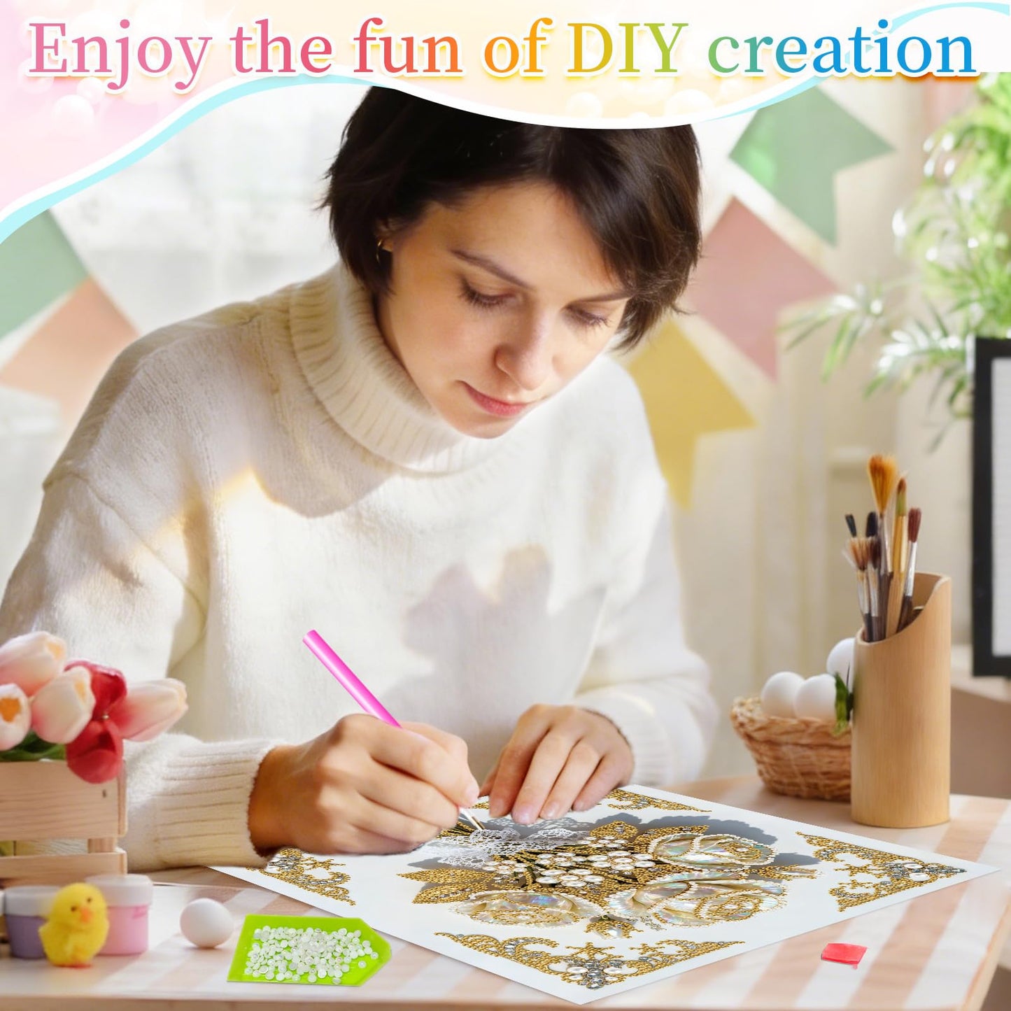 Xylzzuit DIY Pearl Painting Canvas Tote Bag Kit 11.42IN Diamond Art Handbag for Women Shopping Grocery Bag Dots Beads Art Craft Gift (Flower01)