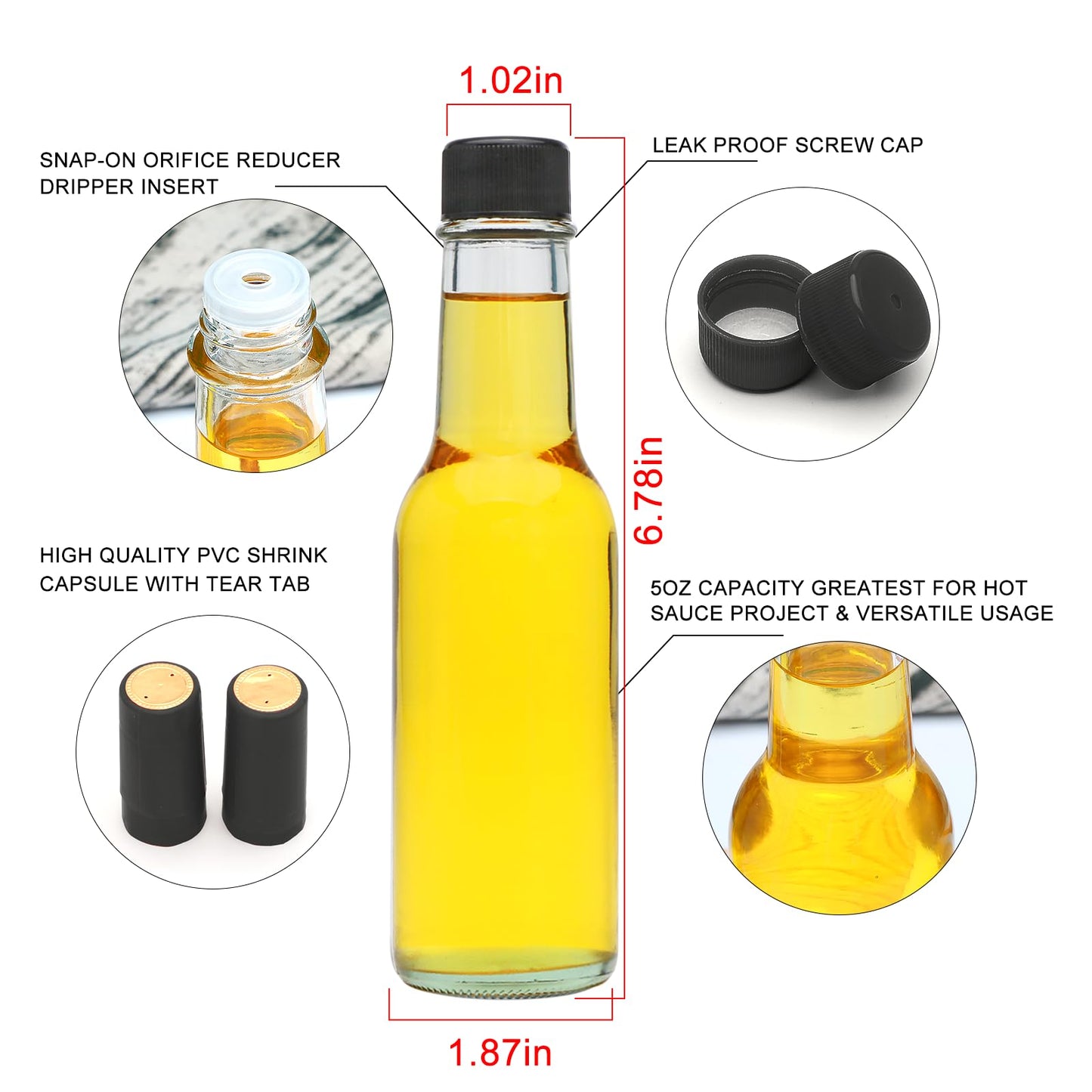 Brajttt 35pcs 5oz Glass Hot Sauce Bottles with Black Cap, Ideal for Hot Sauces, Oils, Vinegar, Wine & More, 147.8675ml Capacity, Dishwasher Safe