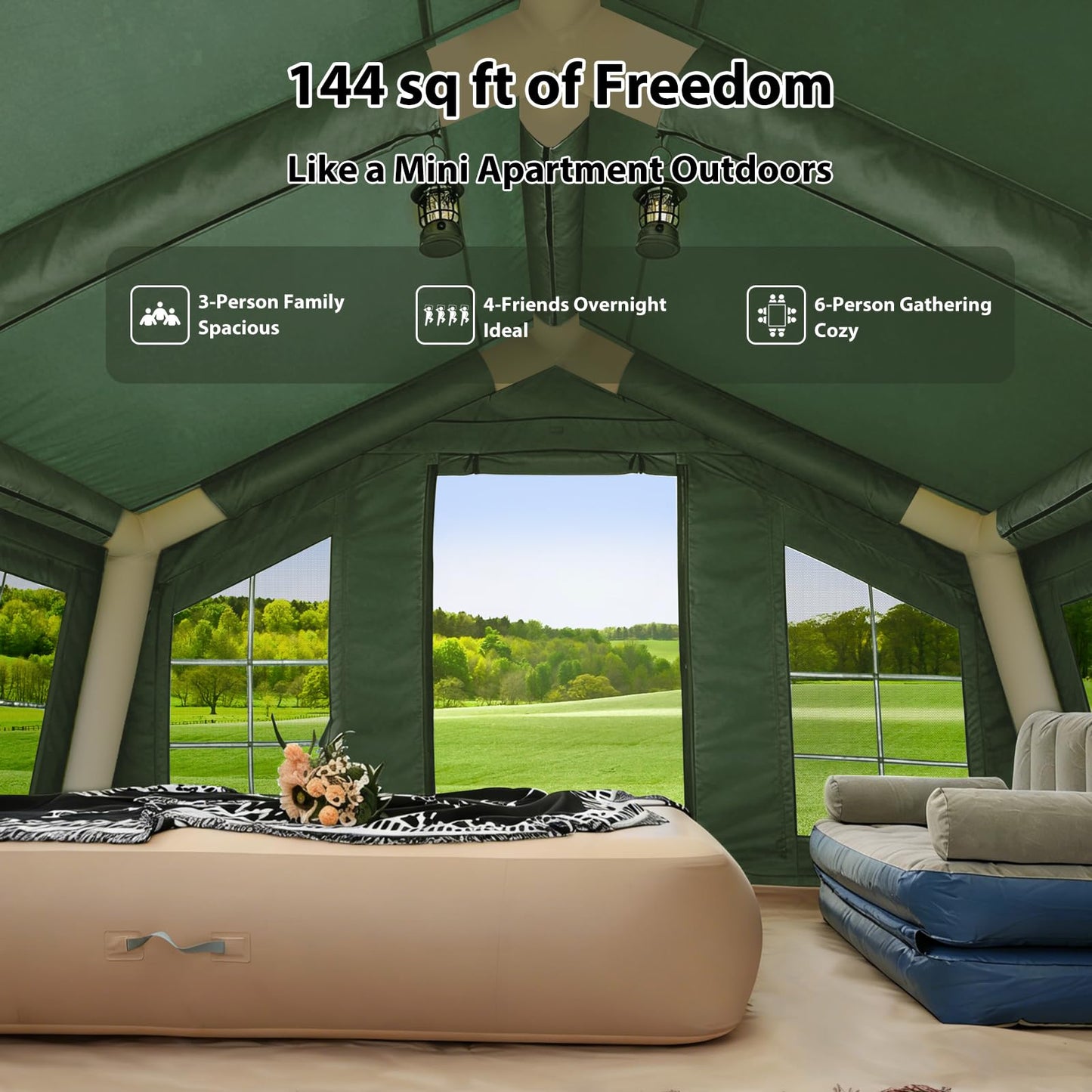KNUO 2026 Upgraded Waterproof Inflatable Camping Tent for Winter with Rain Cover for 4~6 People, Large Blow-Up Air Tent, No Assembly Needed Luxury Glamping House, 12x12ft Oxford Fabric, Green