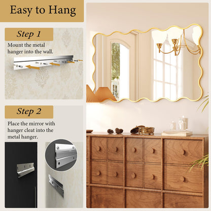 Kelly Miller 30x48 Inch Gold Scalloped Mirror, Large Rectangular Wavy Edge Bathroom Vanity Wall Mirror Decorative for Bedroom Living Room Entryway Fireplace Mantle