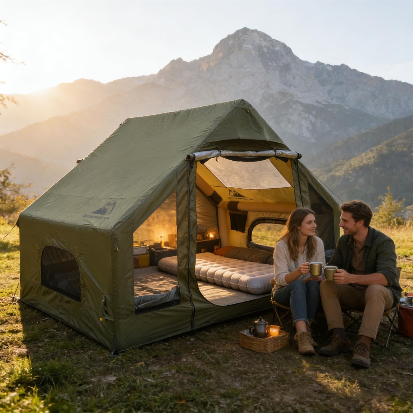 Romantic Camp Inflatable Camping Tent for 4-6 Person, Waterproof Blow up Tent with Pump, 4-Season Hot Tent for Camping & Hiking