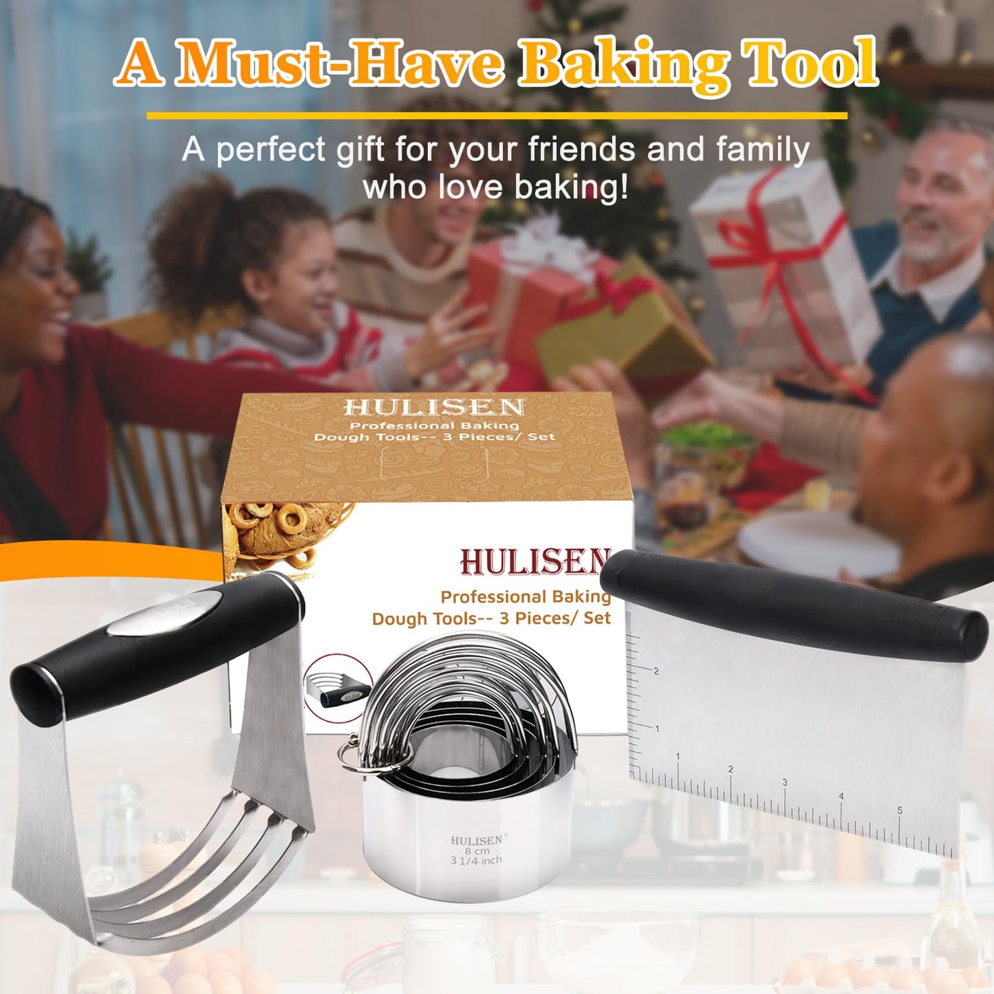 HULISEN Stainless Steel Biscuit Cutter Set, Pastry Scraper and Dough Blender, Sturdy & Long-Lasting with Ergonomic Rubber Grip, Professional Baking Dough Tools, Gift Package (3 Pcs/Set)