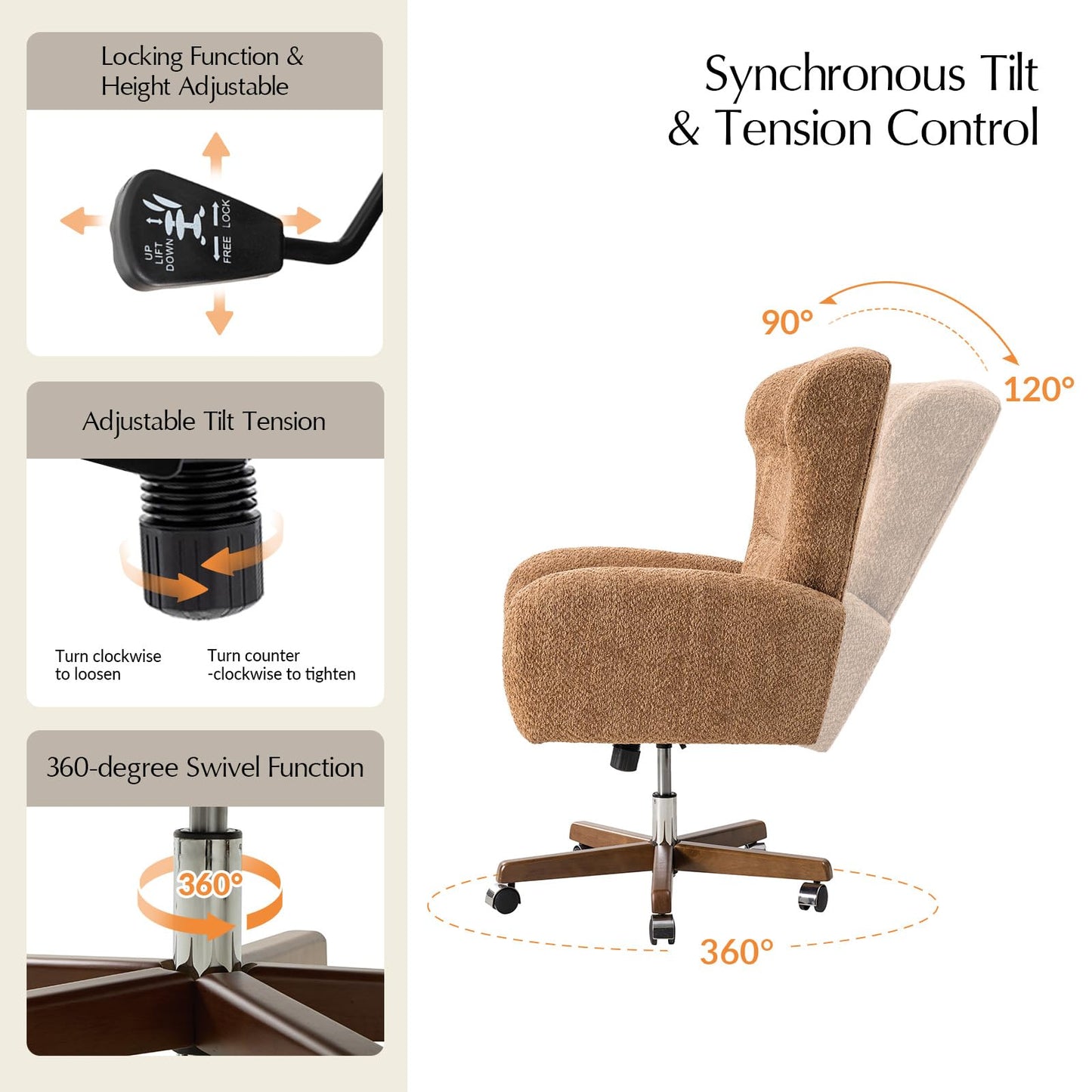 HULALA HOME Executive Office Chair, Ergonomic Wingback Office Chair with Curved Armrests, Soft Chenille Upholstery, Adjustable Height, 360° Swivel & Tilt, Thick Foam Padding, Caramel
