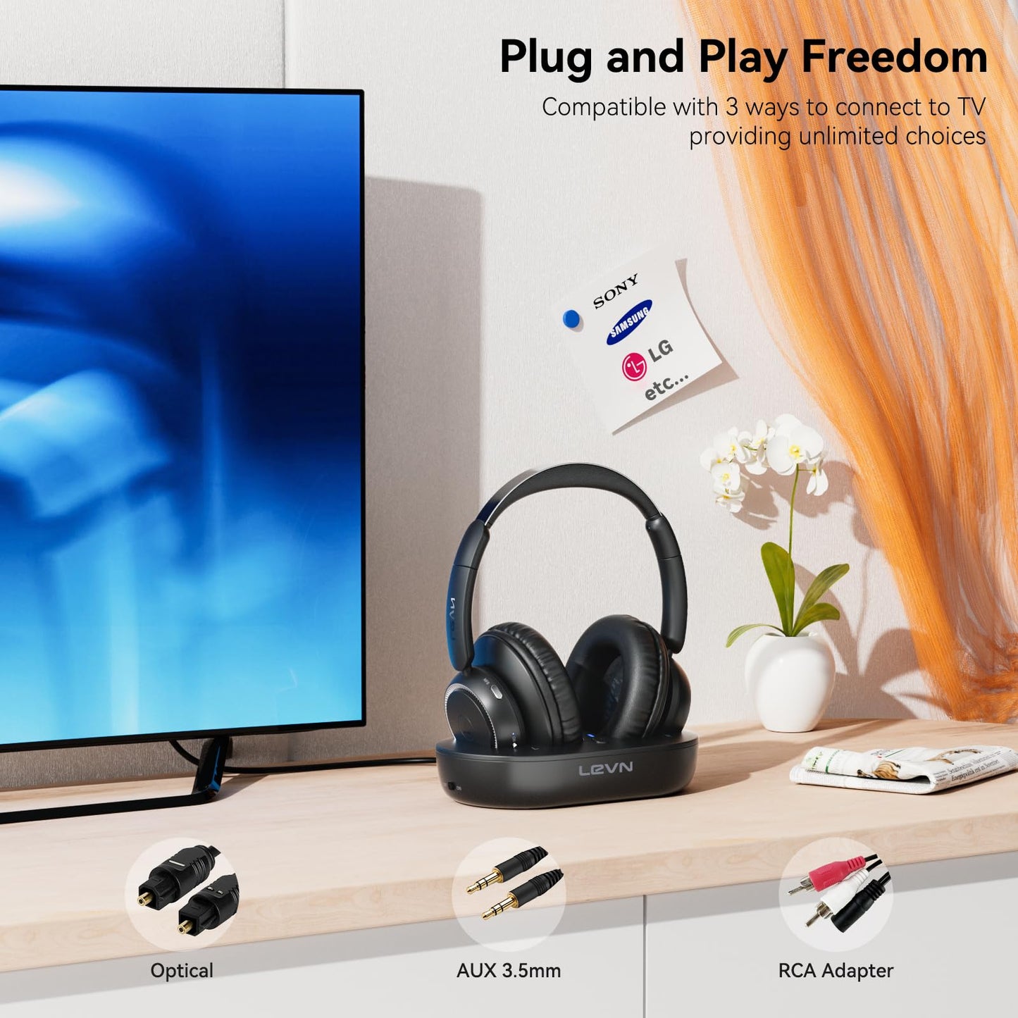 LEVN Wireless Headphones for TV Watching, TV Headphones Wireless for Seniors with Transmitter Charging Base, Hearing-impaired, No Audio Delay, Bluetooth 5.2, Plug and Play, Gifts for Elderly