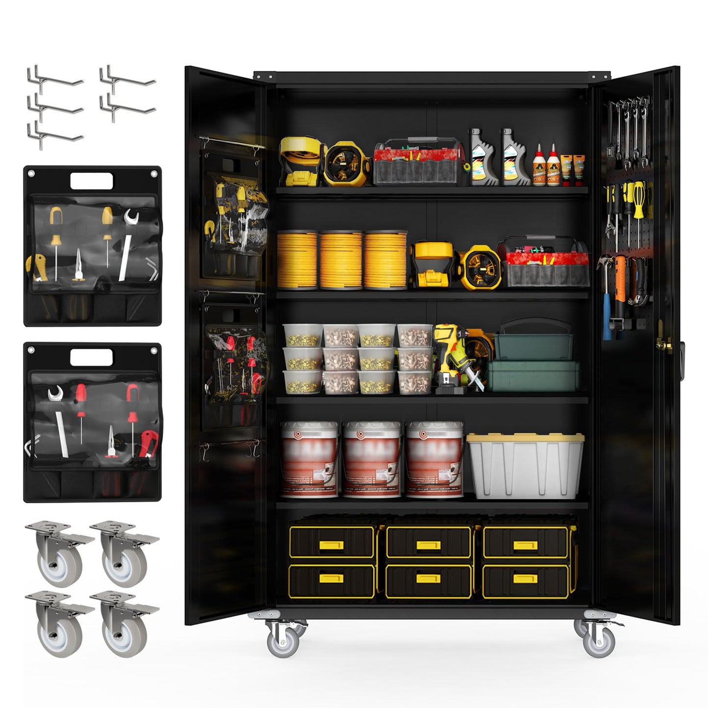 biosp 72" H Wide & Deep Garage Storage Cabinet with Wheels & Pegboards, Metal Storage Cabinet with Locking Door & Adjustable Shelves, Rolling Tool Cabinet for Garage, Shop, Office, 72"x43"x22"