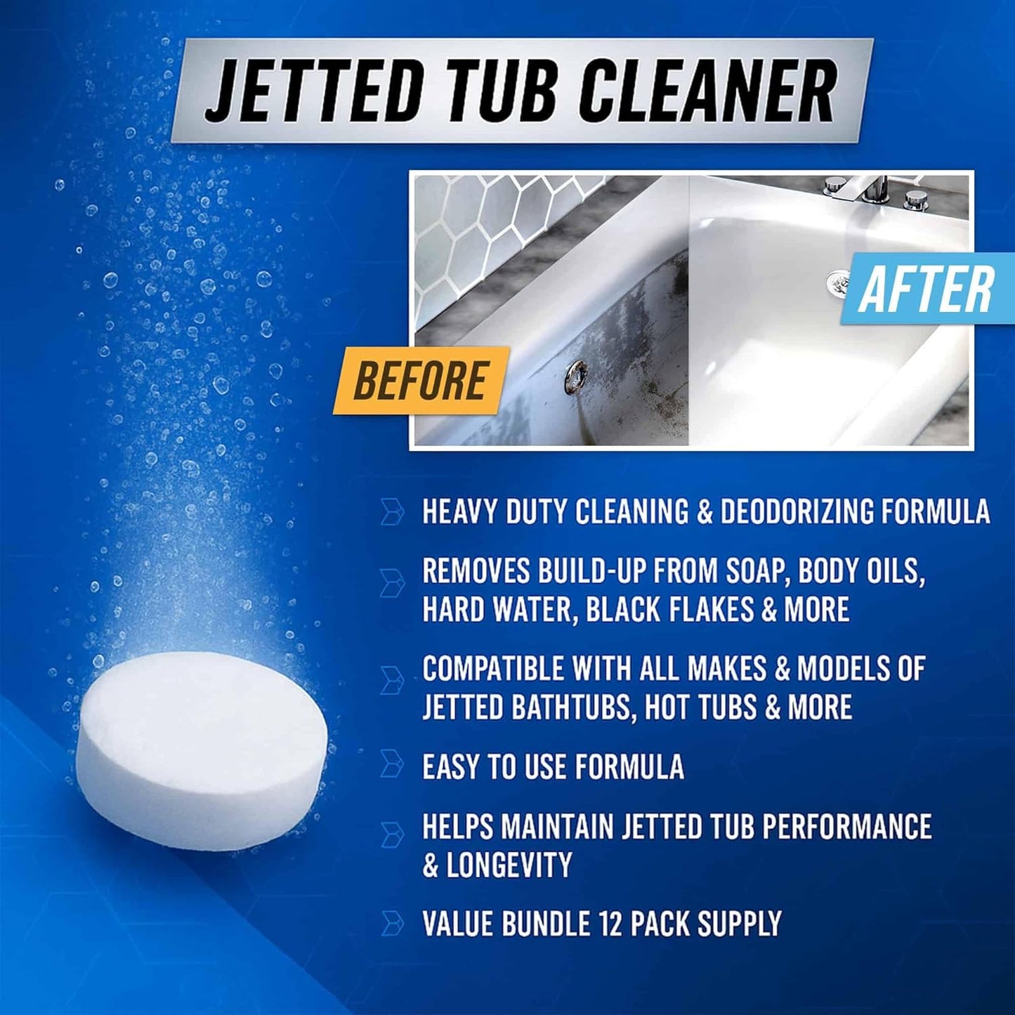 Skiennix Jetted Tub Cleaner Tablets - 12 Active Cleaning Tabs for Whirlpool & Spa Baths | Septic Safe