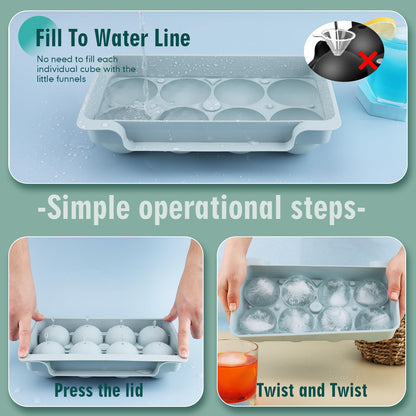 WIBIMEN Large Ice Cube Molds, Big Round Whiskey Ice Cube Trays for Freezer, Easy to Fill & Release, Whiskey Bourbon Cocktail(2.5In*8 Balls- Blue/2 Pack)