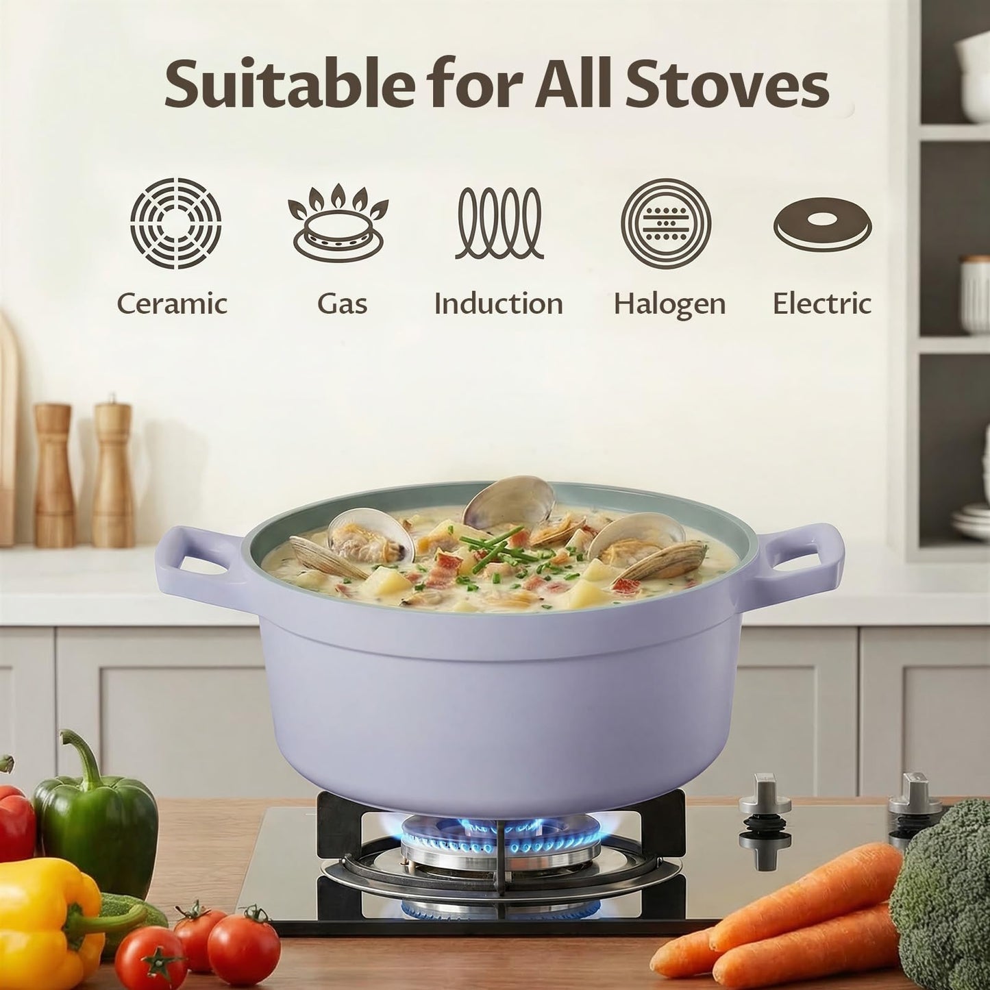 5.7 Quart Nonstick Stock Pot with Lid, BEZIA Ceramic Soup Pot for Family Cooking, Induction Cooking Pot with Smart-Vent Braising, Easy Cleanup, Perfect for Side Dishes, Daily Meals & Camping