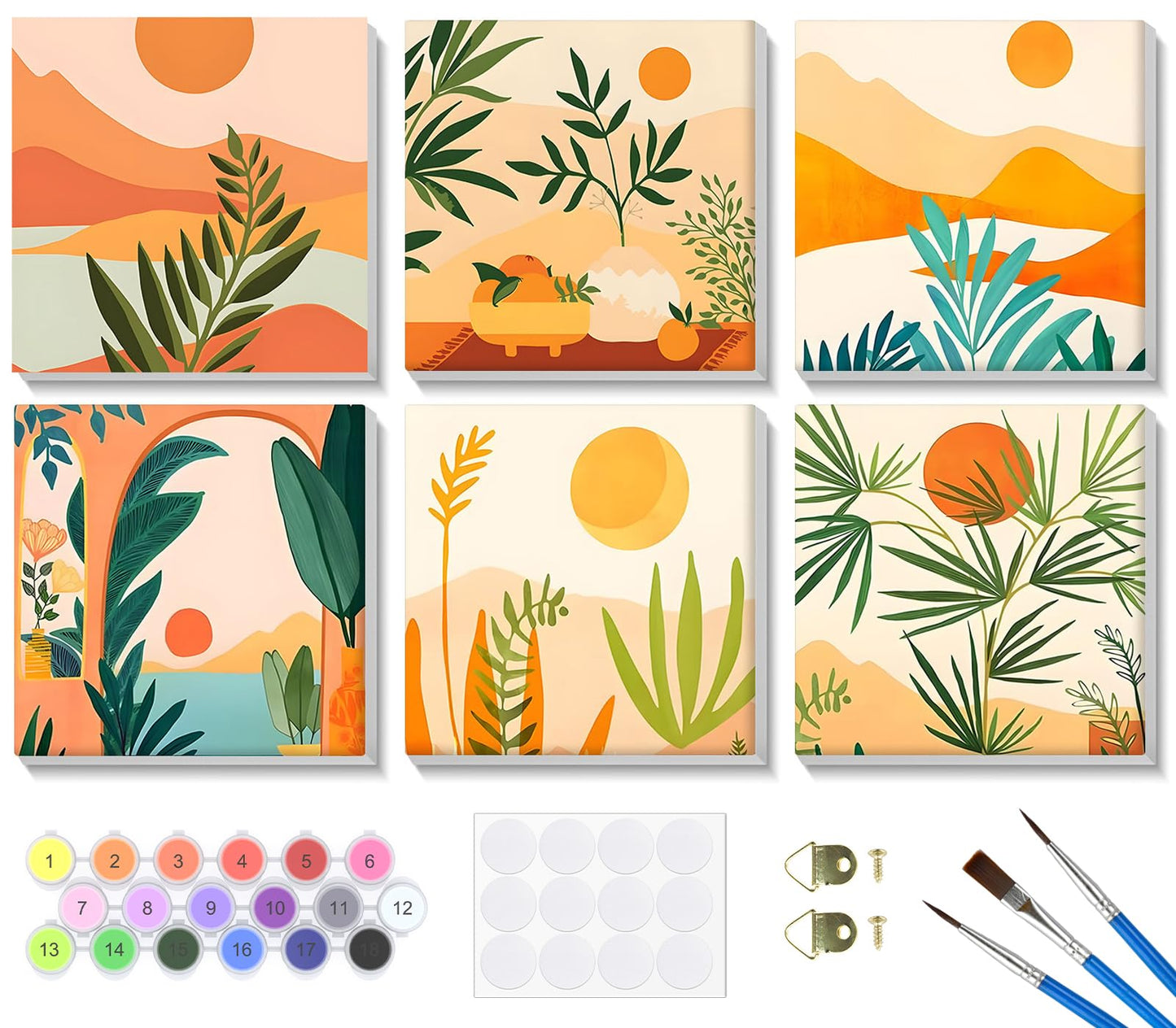 Bowetile 6 Pack Framed Paint by Numbers Kit for Adults Beginner, Landscape Adults' Paint-by-Number Kits on Canvas, Easy Acrylic Number Painting Kits for Adults Home Decor Gifts, 8x8in