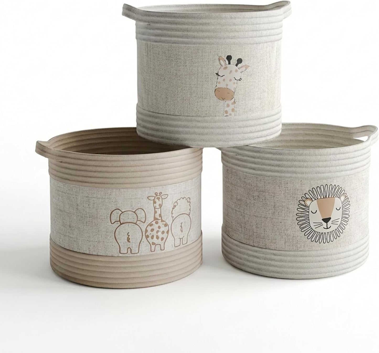 Set 3 RGI Home Decorative Storage Baskets with Safari Animal Prints of Round Fabric Rope and Linen Organizer Bins