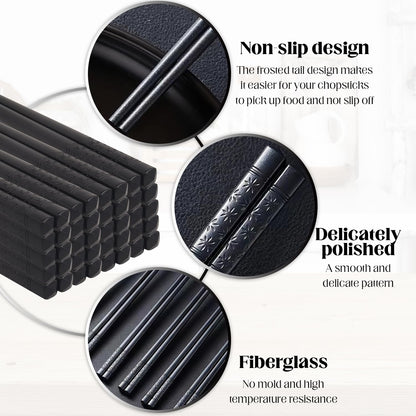 50 Pairs Fiberglass Chopsticks, Reusable Chopsticks Non-Slip Chopstick Dishwasher Safe Chopstick,Black Cherry Blossom Chopsticks for Japanese & Chinese Style Cooking (9.5")
