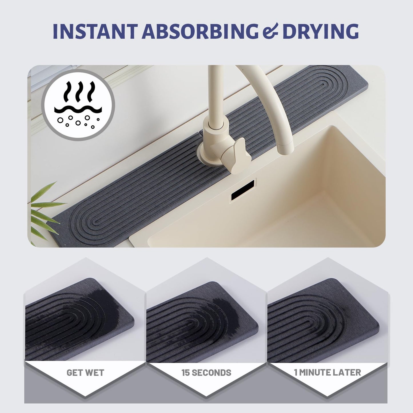 Stone Faucet Mat for Kitchen Sink, Faucet Mat Fast Drying Diatomite, Sink Splash Guard Water Absorbing Stone Tray for Sink, Counter Protector for Kitchen & Bathroom