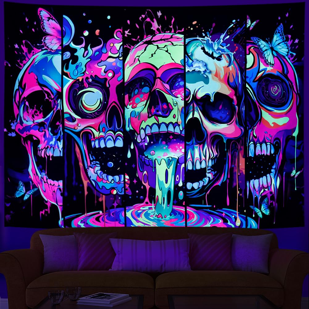 Heopapin Blacklight Skull Art Tapestry UV Reactive Neon Skeleton Butterfly Tapestries Trippy Blacklight Horror Face Wall Hanging Tapestry Halloween Aesthetic Wall Decor Tapestries for Home W78×H59