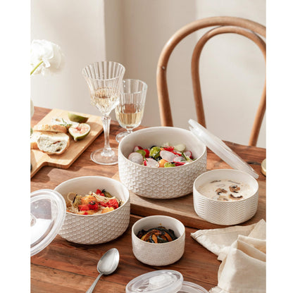 MIKIGEY Serving Bowls with Lids, Ceramic Embossed Nesting Mixing Bowls, Set of 4, Serving Bowls Set for Food Storage, Popcorn, Salad etc, Microwave & Dishwasher Safe, 10/18/33/50 OZ, Off-White