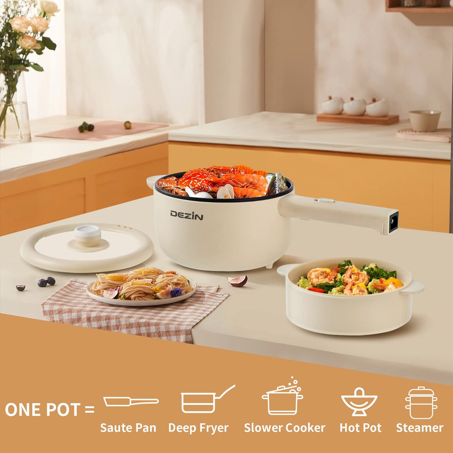 Dezin Electric Cooker, 2L Non-Stick Sauté Pan, Rapid Noodles Cooker, Mini Pot for Steak, Egg, Fried Rice, Ramen, Oatmeal, Soup with Power Adjustment, College Dorm Room Essential(Egg Rack Included)