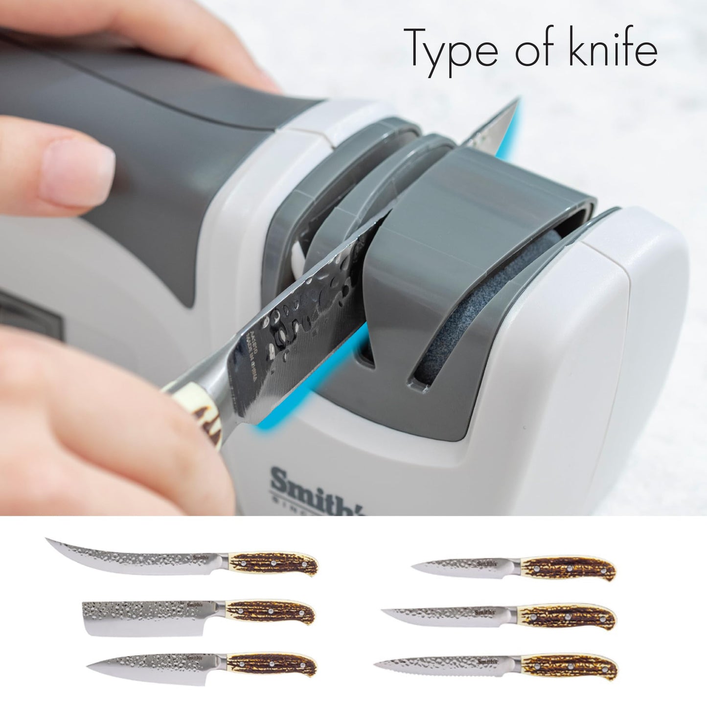 Smith’s 50097 Compact Electric Knife Sharpener | White & Grey | Kitchen Knife 2 Stage Sharpener | Electric & Manual | Blade Guide | Quick Sharpening & Polishing | Straight Edge Blades | Handheld