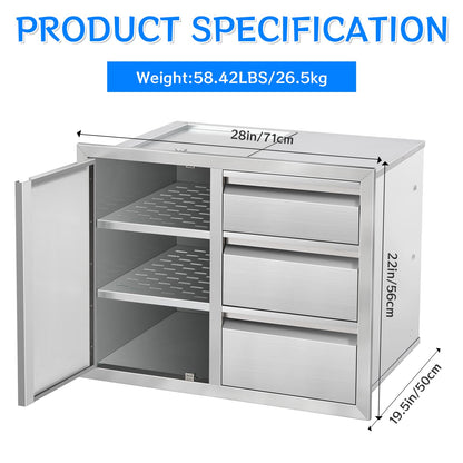 Duluciate Outdoor Kitchen Drawer Combo Cabinet, Stainless Steel Triple Drawers with Integrated Access Door, 28" W x 22" H x 19.5" D Outdoor Built-in Cabinet for BBQ Island Grill Stations