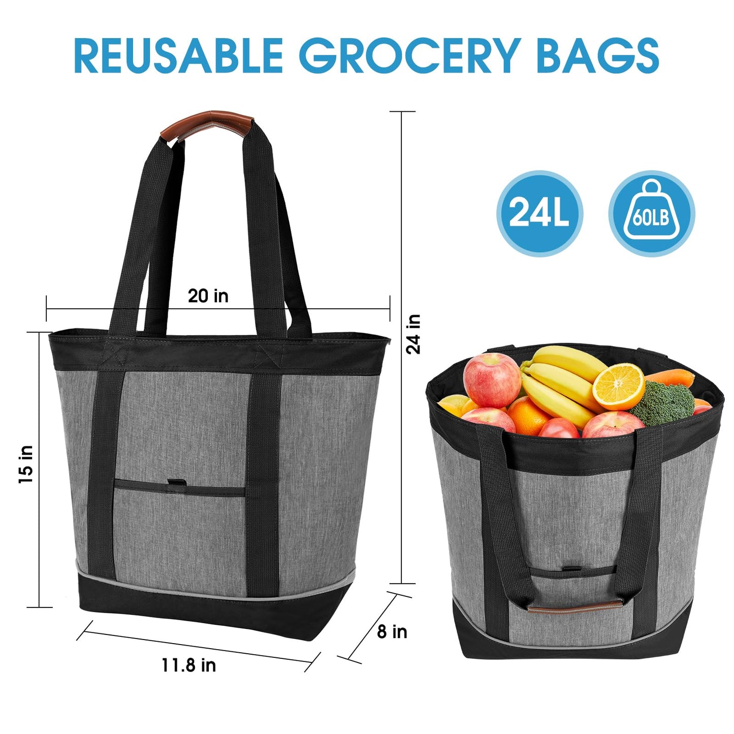 Insulated Cooler Bag, Reusable 30 Cans Insulated Bag, Soft Portable Grocery Bags for Shopping Food Lunch Travel Beach Camping (Gray)
