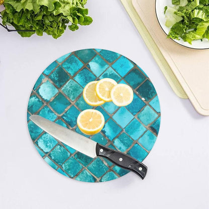 Tempered Glass Cutting Board, Turquoise Blue Pattern, 8" Round Kitchen Decorative Chopping Board