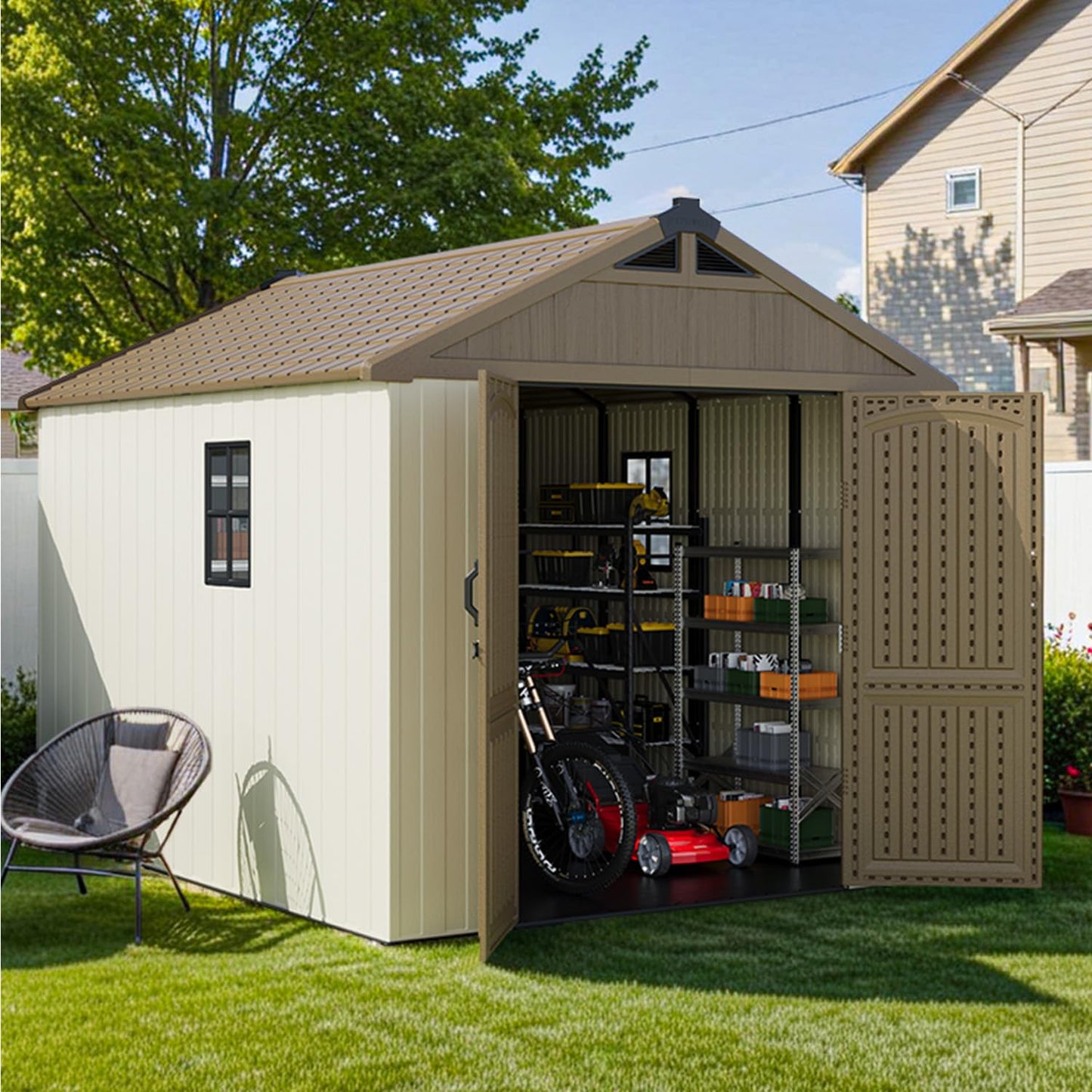 Patiowell 8 x 10 FT Resin Outdoor Storage Shed with Floor, Large Garden Tool Plastic Shed with Window and Lockable Door for Backyard, Tool Storage Use,Easy Installation, Brown (Kick-it Shed)