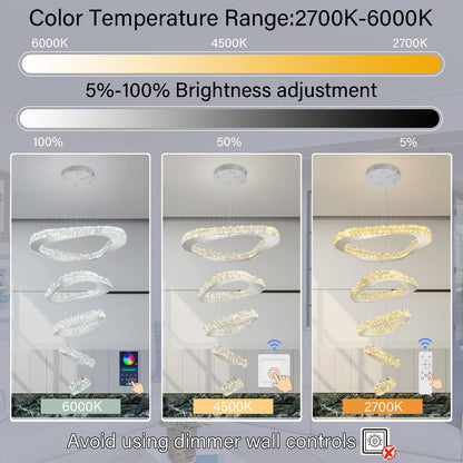 Shial Lighting Large Crystal Chandelier Modern LED Dimmable Contemporary Chandelier Large Pendant Light for Living Room Foyer Staircase Silver Dia 40"