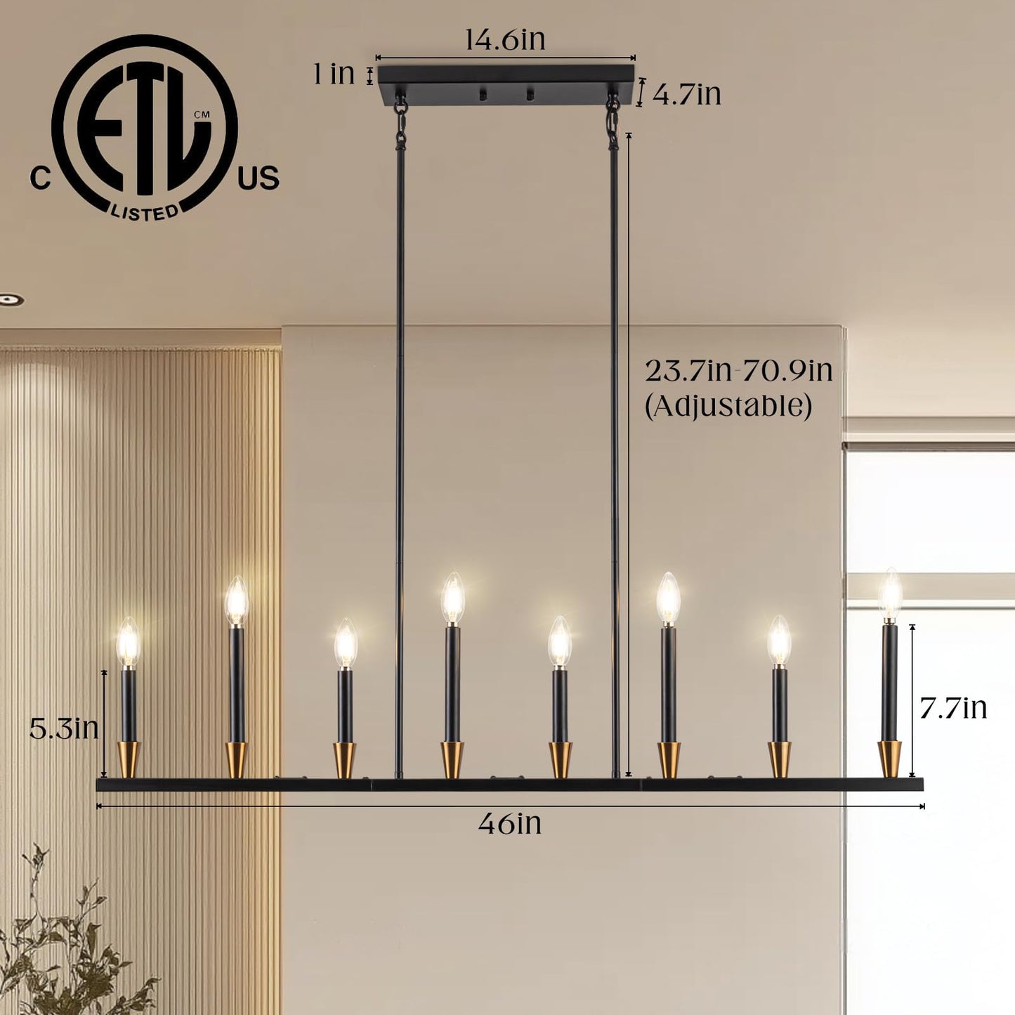 Knwjmv Black Linear Chandelier Candle Dining Room Light Fixture Long 46 Inch Island Chandeliers Black and Gold Linear Pendant Lighting Over Dining Table Kitchen Island
