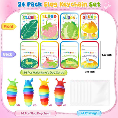 AuroTops Valentines Day Cards for Kids,24 Pack Cute Keychains Bulk Sensory Slug Fidget Toys with Valentines Cards for Boys & Girls Valentine's Day Classroom Gift Exchange,Kids Party Favors