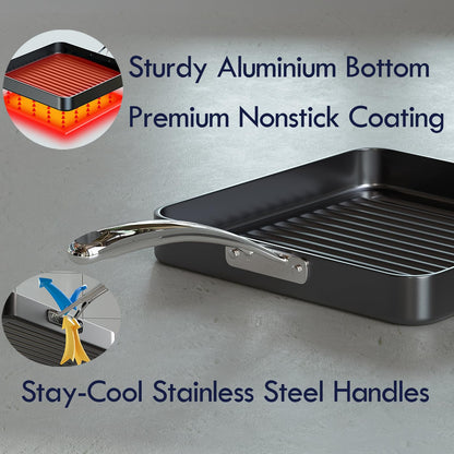 Cooks Standard Nonstick Square Grill Pan 11 x 11-Inch, Hard Anodized Grilling Skillet Pan Cookware for Camping, Home Use