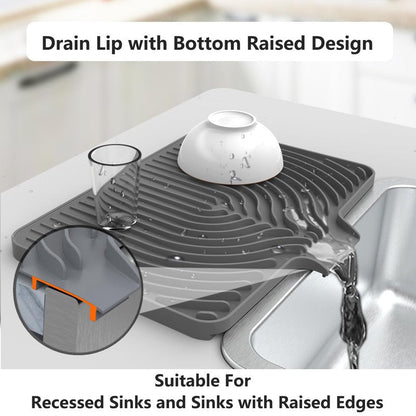 Dish Drying Mat for Kitchen Counter, with Built-in Drain Lip, Food-Grade Silicone, Easy Clean Pad for Countertop Protection, Multi-Functional Use (18 x12 Raised Sink, Grey)