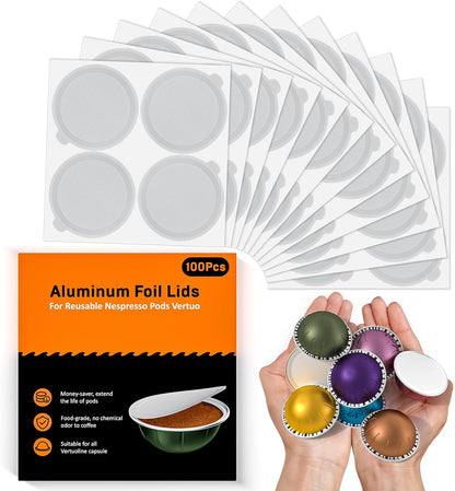 Aluminum Foil Lids for Reusable Vertuo Pods, Upgraded 96 PCS Thick Foil Seal Cover for Nespresso Refill Kit
