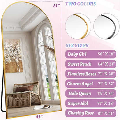 LadyNow Full Length Mirror, 41"x81" Arched Floor Mirror Freestanding, Floor Standing Full Body Mirror with Stand for Bedroom, Hanging Mounted for Living Room Cloakroom, Gold