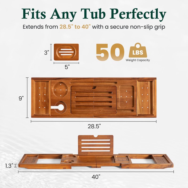 Realgulf Teak Bathtub Tray, Bath Caddy with Wine Glass Holder, Phone Dock & Book Stand | Hands-Free Reading & Ultimate Spa Relaxation Experience-Natural