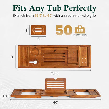 Realgulf Teak Bathtub Tray, Bath Caddy with Wine Glass Holder, Phone Dock & Book Stand | Hands-Free Reading & Ultimate Spa Relaxation Experience-Natural