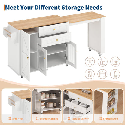 Garvee 78.3” Rolling Kitchen Island with Extendable Table, Storage Cabinet, Drawers & Shelves, White Modern Mobile Island Cart on Wheels, Island Table with Seating for Kitchen, Dining Room, Home Bar