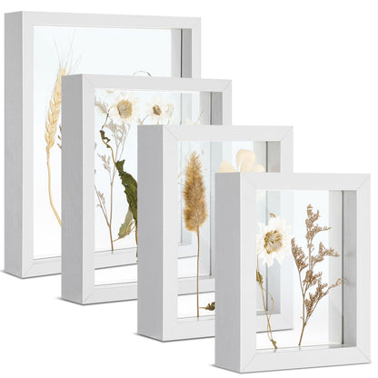 Fiwochic 4 Pack Pressed Flower Floating Picture Frames, 10, 8, 6, 5 Inch White Wooden Double Glass Pressed Flower Frames Wall Tabletop Display for Dried Flowers, Photos, Art, Birthday, Wedding Gift