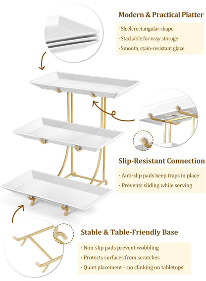 Yedio 3 Tier Serving Tray Set – 12 Inch Porcelain Serving Platters with Pre-Assembled Gold Metal Stand, No Installation Required, Tiered Tray for Dessert Fruit Food Display and Party Entertaining