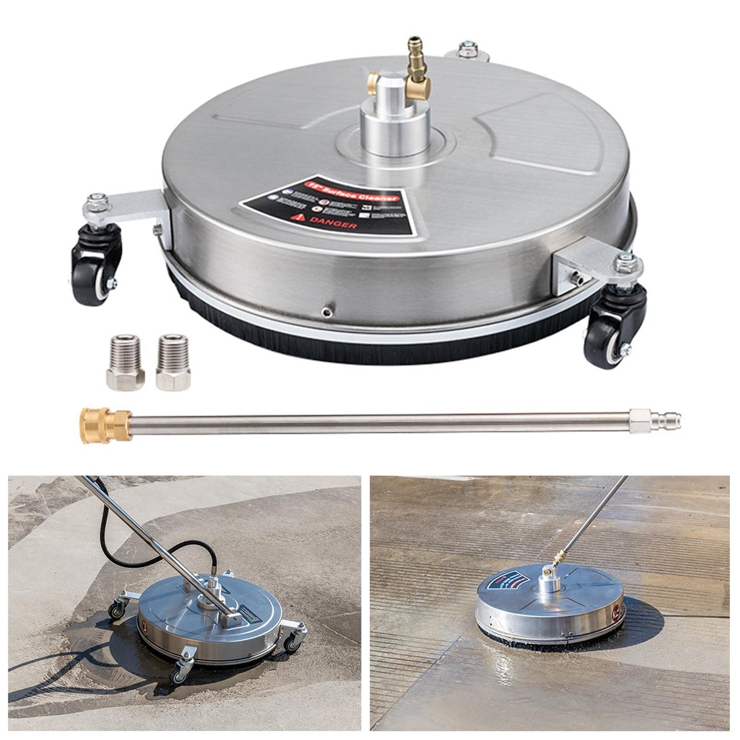 TRELVEX Pressure Washer Surface Cleaner Heavy-Duty Surface Cleaner Pressure Washer Surface Cleaner with Wheels Stainless Steel Housing Quick Connector Power Washer Attachment Stainless Steel