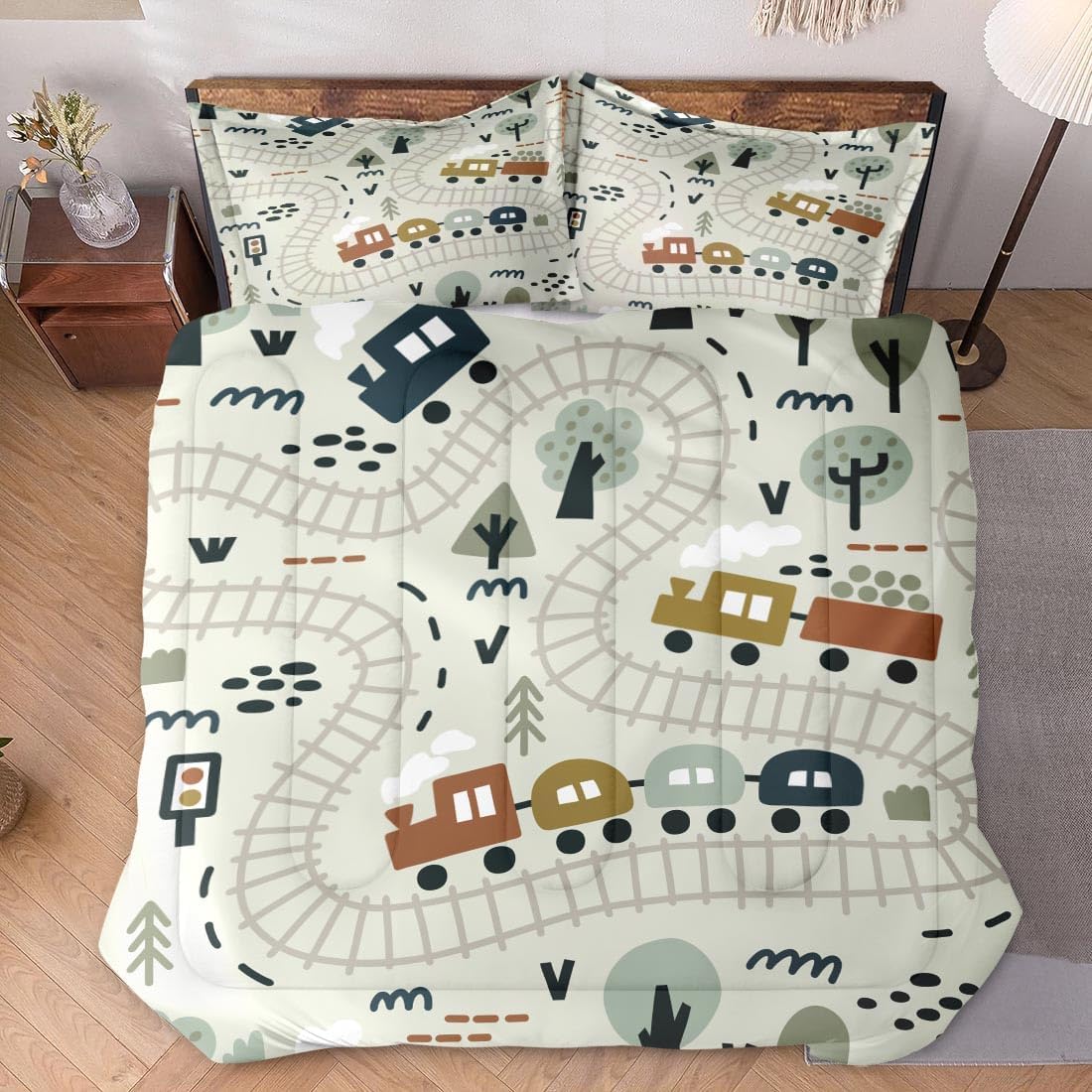 Set Cozy Set Comforter with Pillowcase Twin Size, Cute Forest Car Train City Map, Bedding Decor Funny Nursery Cartoon