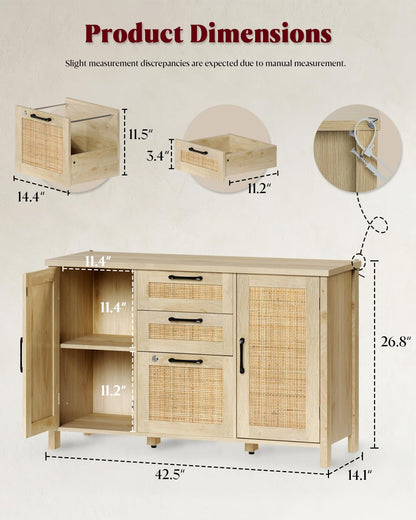 HOPUBUY 3 Drawer and 2 Doors File Cabinet with Lock, Printer Stand Lateral Filing Cabinets for Home Office and School, Wood Rattan File Cabinet for Hanging Files/Letter/Legal/A4/F4 Size, Natural Wood
