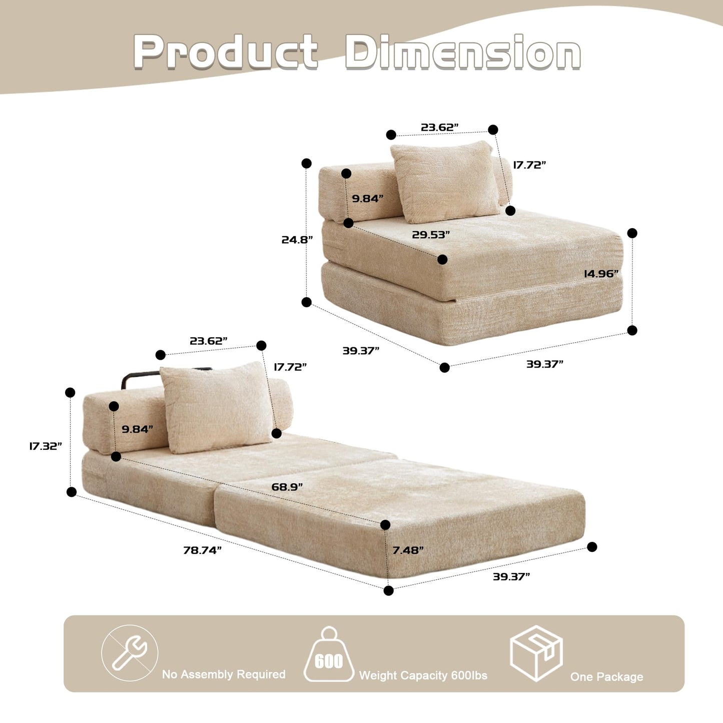 KEIKI Convertible Floor Sofa Bed with Fixed-Shape Frame, Single Seater Boneless Modular Sectional Sofa, No Assembly Required, Compressed Sleeper Couch for Living Room Bedroom, Lounge, Beige