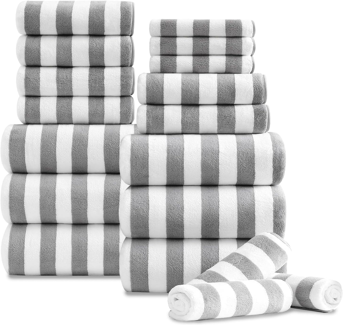 18 Set Loop-6 Towels,6 Towels,6 Set Pcs Light Gray Stripe Bath Towel with Hanging Bath Hand Washcloths Soft Family