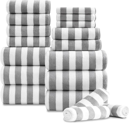 18 Set Loop-6 Towels,6 Towels,6 Set Pcs Light Gray Stripe Bath Towel with Hanging Bath Hand Washcloths Soft Family