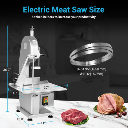 Commercial Electric Meat Bone Saw Machine, Kitchen Frozen Food Processor, Adjustable Thickness 0.6-5.9”, Butcher Band Saw with 20x15” Work Table for Chicken Fish Beef Bread