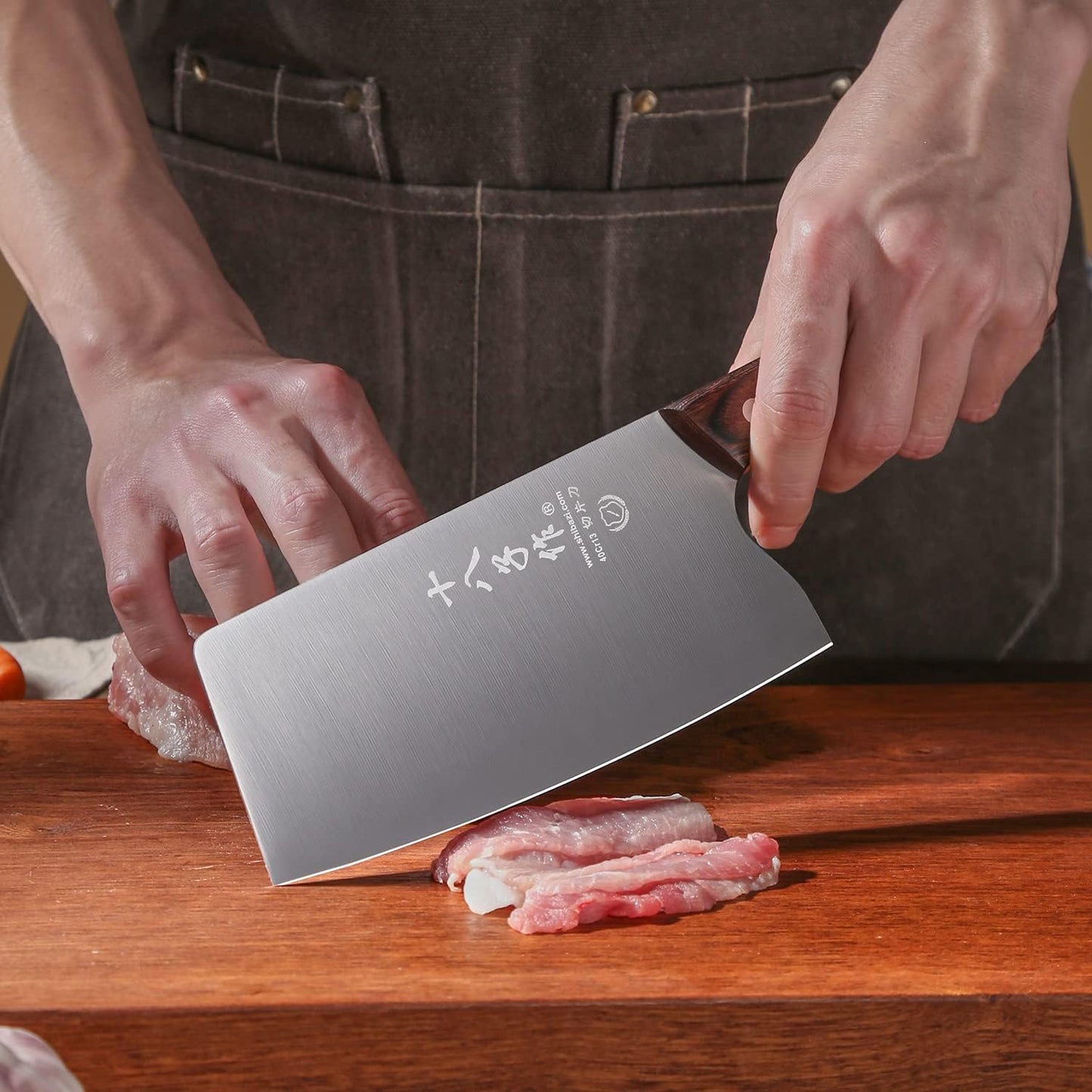SHI BA ZI ZUO Chinese Meat Cleaver Knife - 6.7-Inch Stainless Steel Slicer with Wooden Handle