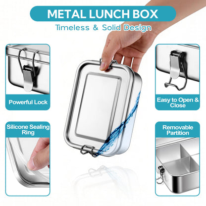E-far Stainless Steel Bento Box, 28oz Metal Lunch Bento Box w/Leak Proof Lid, 850ml Small Food Container w/Removable Divider & Bag, Reusable 3-Compartment Bento Lunch Container for Camping Picnic