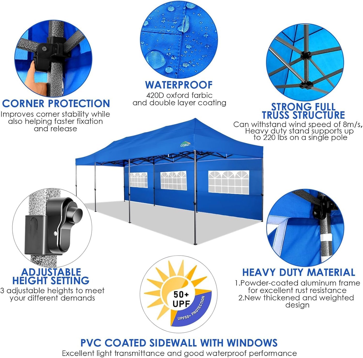 COBIZI 10x30 Pop up Canopy Heavy Duty Outdoor Extra Thick Frame Tents with 8 sidewalls for Parties UPF 50+ Waterproof Commercial Gazebo with Roller Bag, Blue(Windproof Upgraded)