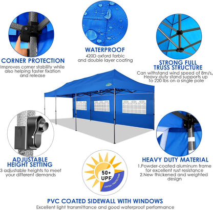 COBIZI 10x30 Pop up Canopy Heavy Duty Outdoor Extra Thick Frame Tents with 8 sidewalls for Parties UPF 50+ Waterproof Commercial Gazebo with Roller Bag, Blue(Windproof Upgraded)